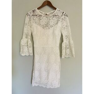 B. Darlin White Crochet Mini Dress. Size 1/2. Bell Sleeves. Lined. Romantic.